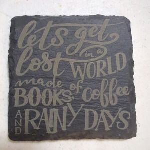 Set of 4 engraved slate coasters with books coffee and rainy days phrase